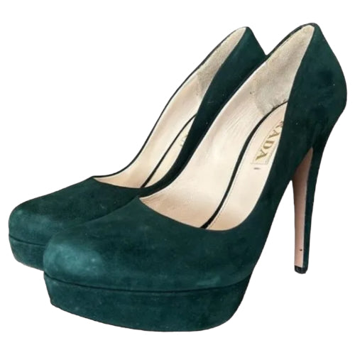 PRADA Dark Green Suede Almond Toe Platform Pumps, Size 37.5