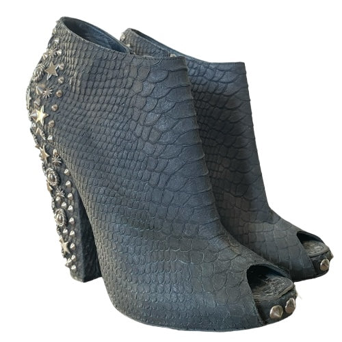GIVENCHY Black Python Leather Studded Peep Toe Ankle Booties, Size 38