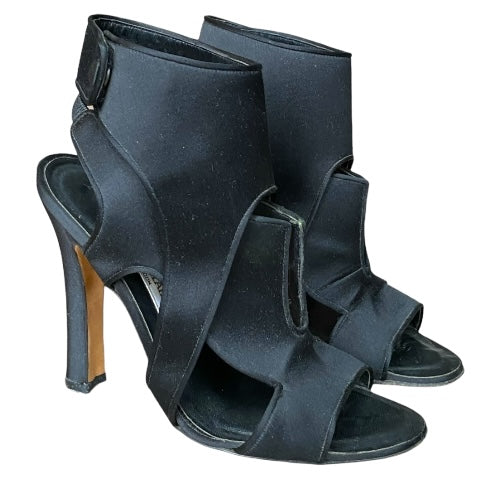 MANOLO BLAHNIK Black Satin Cutout Accents Slingback Heeled Sandals , Size 37