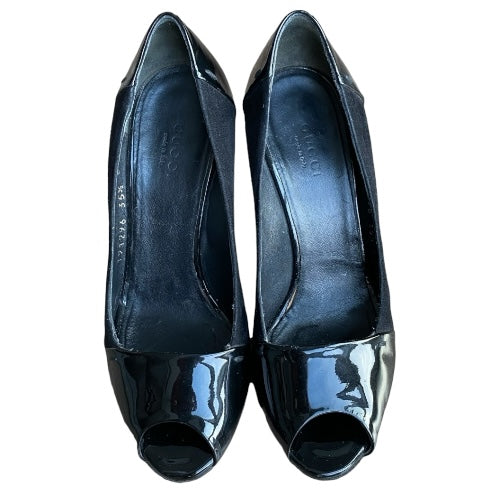 GUCCI Black Suede & Patent Leather GG Logo Detail Peep Toe Pumps, Size 35.5 C