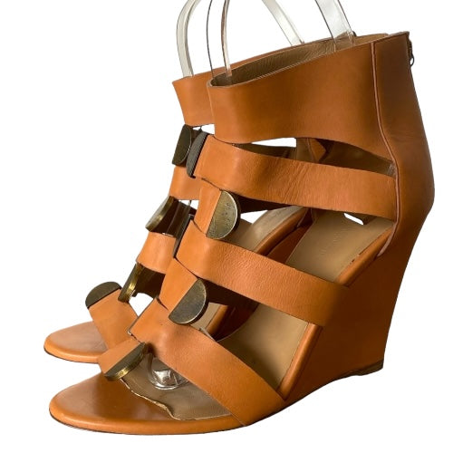 BALENCIAGA Camel Leather Strappy Gladiator Bronze Buckle Wedge Sandals, Size 40
