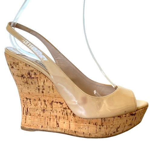 MIU MIU Beige Patent Leather Peep Toe Slingback Cork Wedge Sandals, Size 38