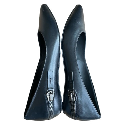 GIANMARCO LORENZI Black Leather Zip Detail Pointed Toe Ballet Flats, Size 37