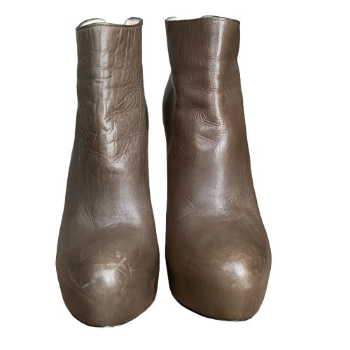 PRADA Taupe Leather Hidden Platform Ankle Booties, Size 36