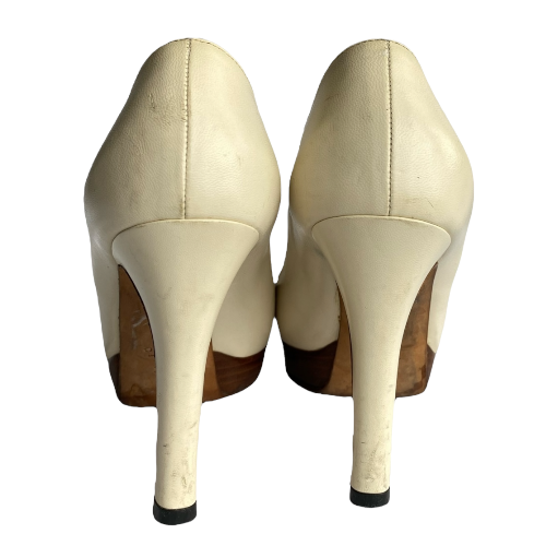 GUCCI White Leather Horsebit Wooden Platform Peep Toe Pumps, Size 37 C