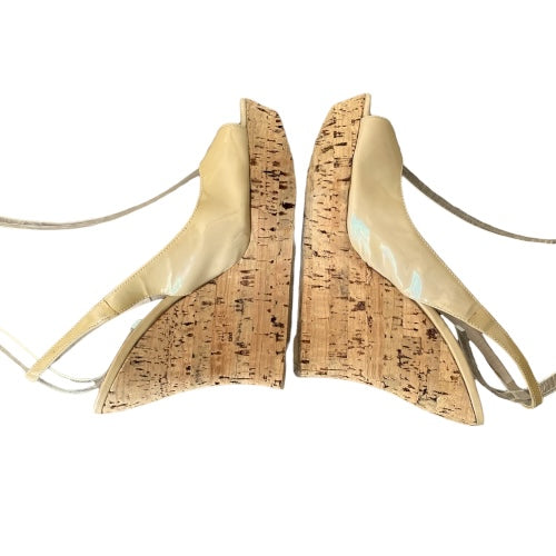 MIU MIU Beige Patent Leather Peep Toe Slingback Cork Wedge Sandals, Size 38