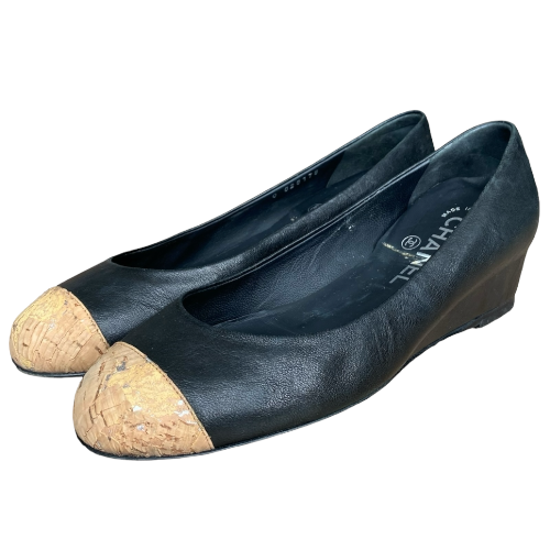 CHANEL Black Leather Cork Cap Toe Wedge Low Heel Pumps, Size 38
