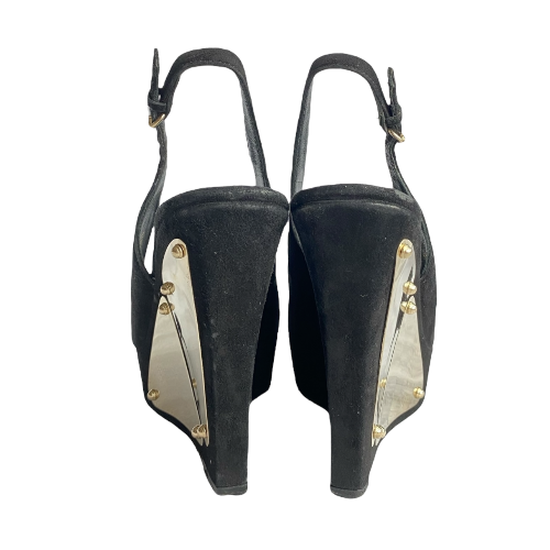 GUCCI Black Suede Peep Toe Gold Metals Slingback Platform Wedge Sandals, 38 C