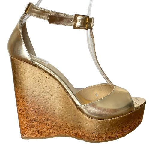 JIMMY CHOO Pela Gold Metallic Leather T Strap Cork Wedge Sandals, Size 39.5