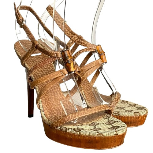 GUCCI Brown Leather Strappy, Guccissima, Bamboo Icon Sandals, Size 36