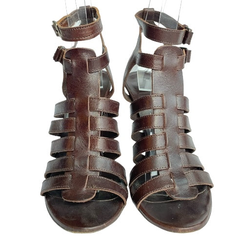 BALENCIAGA Dark Brown Leather Gladiator Strappy Sandals, Size 39.5
