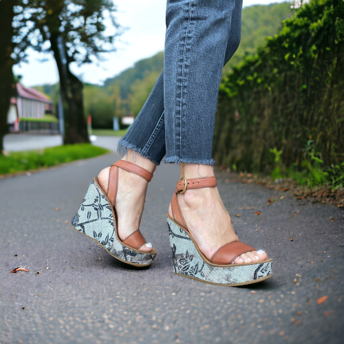 MIU MIU Brown Leather Strappy Floral Printed Canvas Wedge Heel Sandals, Size 37