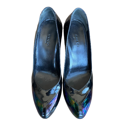 GUCCI Black Oil Slick Patent Leather Platform Pumps, Size 37.5