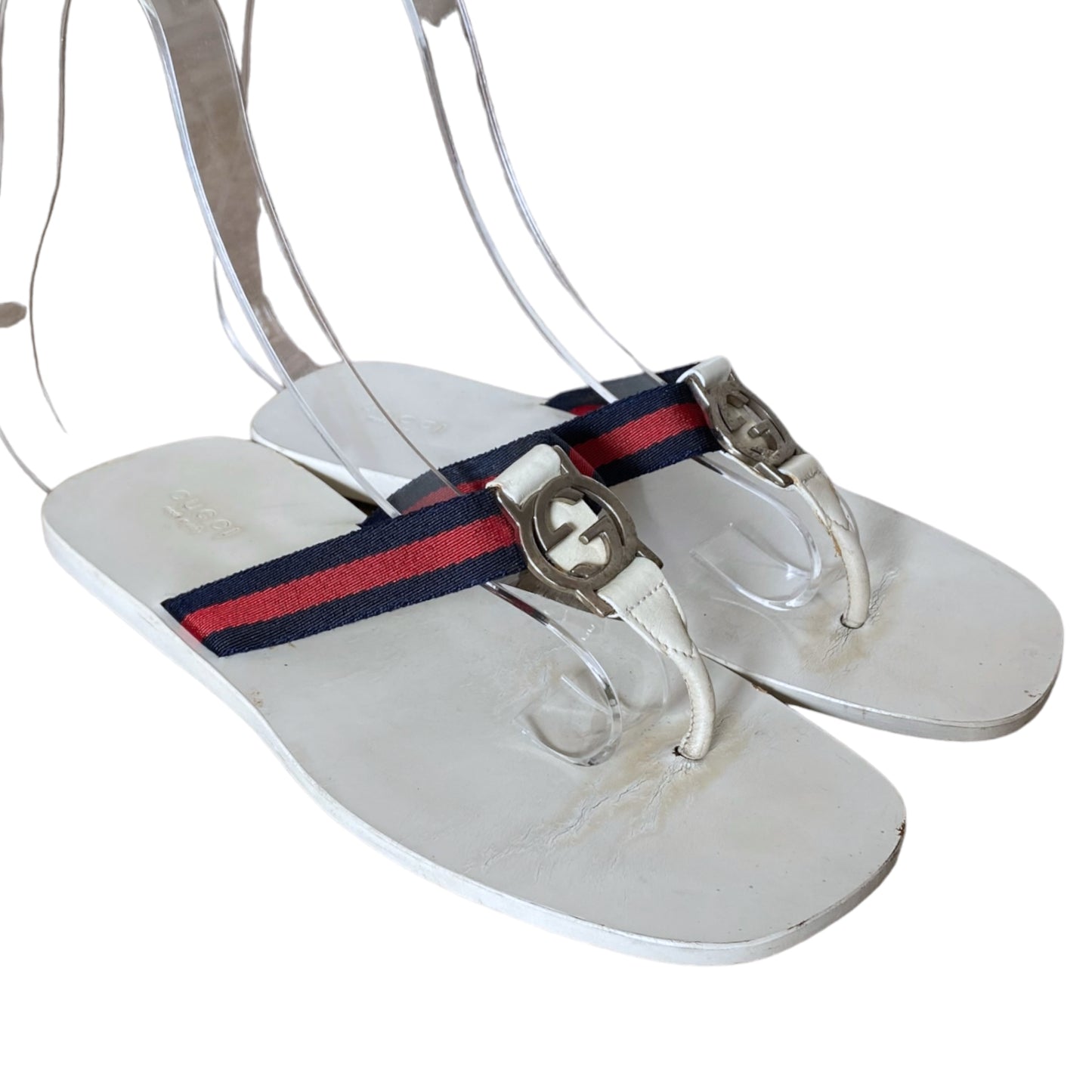 GUCCI White Enamel GG Web Flip Flops Navy & Red Flat Thong Sandals, Size 39