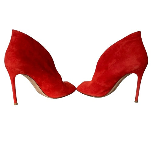 GIANVITO ROSSI Red Suede Vamp Peep Toe Booties, Size 37