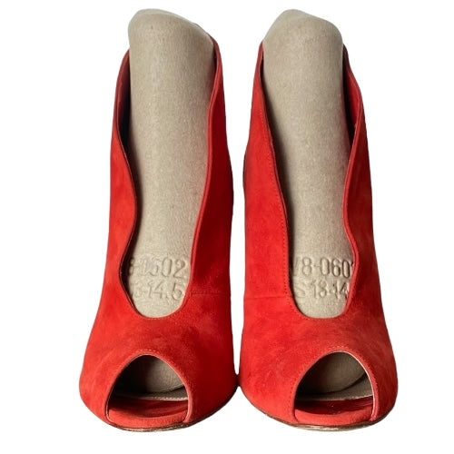 GIANVITO ROSSI Red Suede Vamp Peep Toe Booties, Size 37