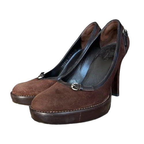 GUCCI Brown Suede And Leather Trim Buckle Detail Round Toe Pumps, Size 35.5