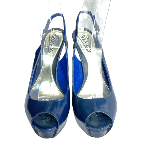 GUCCI Navy Patent Leather Peep Toe Slingback Platform Pumps, Size 36