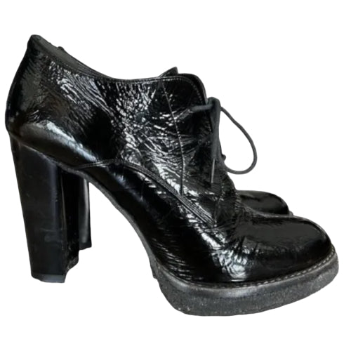 BALENCIAGA Black Patent Leather Lace Up Block Heel Ankle Booties, Size 40