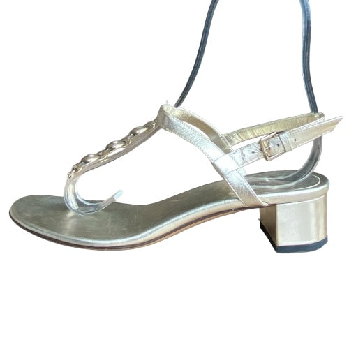 GUCCI Metallic Gold Leather Marina Chain T Strap Block Heel Sandals, Size 36