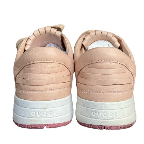 GUCCI Poudre Pink Trim Leather Fringe Lace Up Low Sneakers, Size 36.5