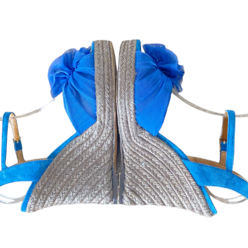 FENDI Blue Mesh Fabric & Suede Wedge Espadrille Ankle Strap Sandals, 39