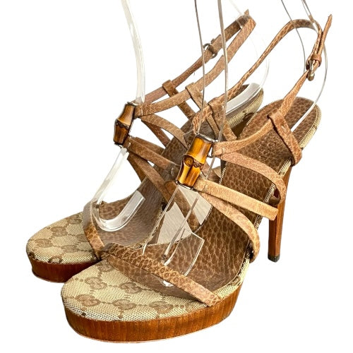 GUCCI Brown Leather Strappy, Guccissima, Bamboo Icon Sandals, Size 36