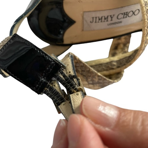 JIMMY CHOO Aby Snakeskin & Black Patent Leather Crisscross Sandals, Size 37.5