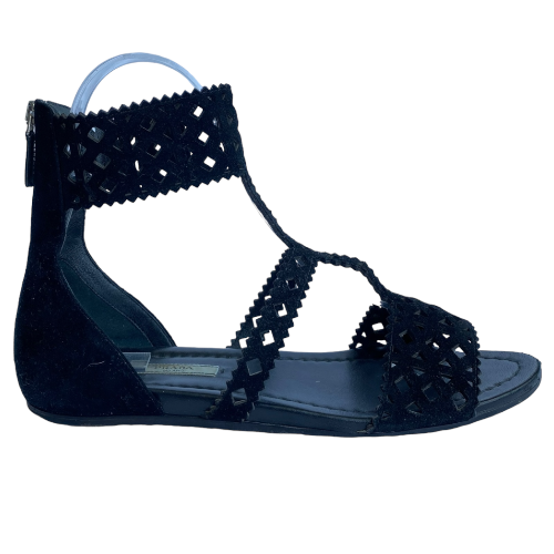 PRADA Black Suede Lasercut Gladiator Flat Sandals, Size 39