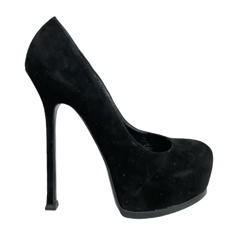 YSL YVES SAINT LAURENT Black Suede Tribtoo Tribute Platform Pumps, Size 37.5