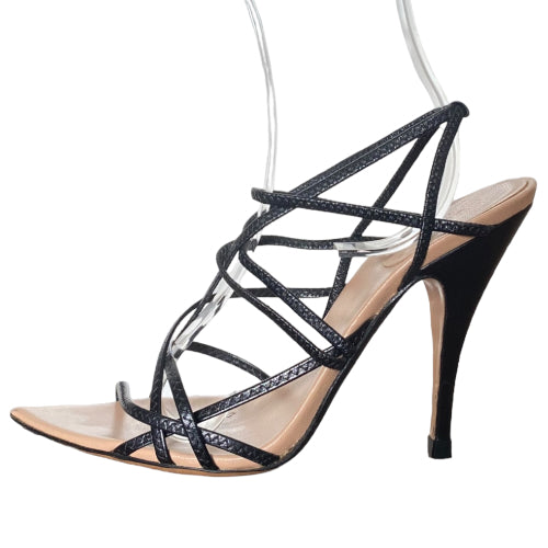 GUCCI Black Leather Slim Strappy Open & Peep Toe Heeled Sandals, Size 36.5