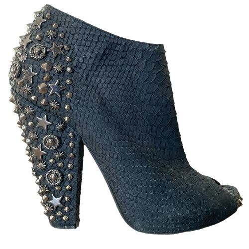 GIVENCHY Black Python Leather Studded Peep Toe Ankle Booties, Size 38