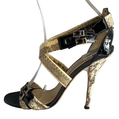 JIMMY CHOO Aby Snakeskin & Black Patent Leather Crisscross Sandals, Size 37.5