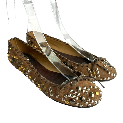 DOLCE & GABBANA Brown Nubuck Gold & Silver Studded Ballet Flats, Size 37