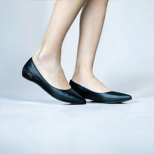GIANMARCO LORENZI Black Leather Zip Detail Pointed Toe Ballet Flats, Size 37