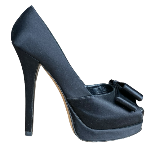 FENDI Black Satin Bow Peep Toe Platform Pumps, Size 37.5