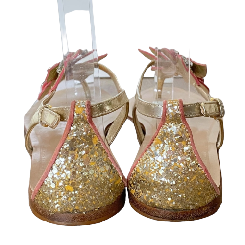 MIU MIU Gold Glitter Coral Pink Crystal Leather Flower Flat Sandals, Size 37