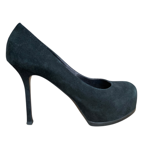 YSL YVES SAINT LAURENT Black Suede Tribtoo Tribute Platform Pumps, Size 38.5