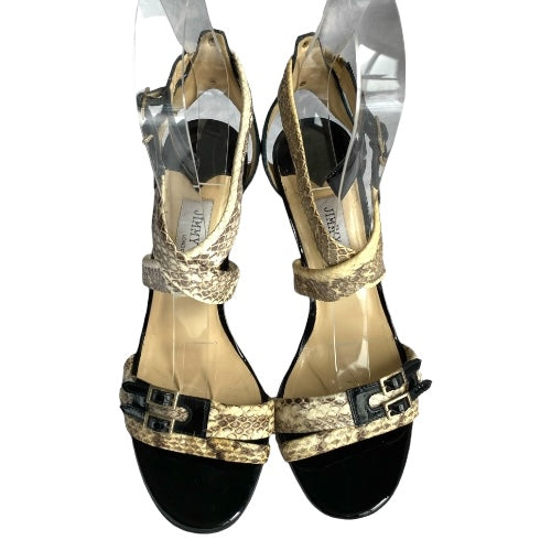 JIMMY CHOO Aby Snakeskin & Black Patent Leather Crisscross Sandals, Size 37.5