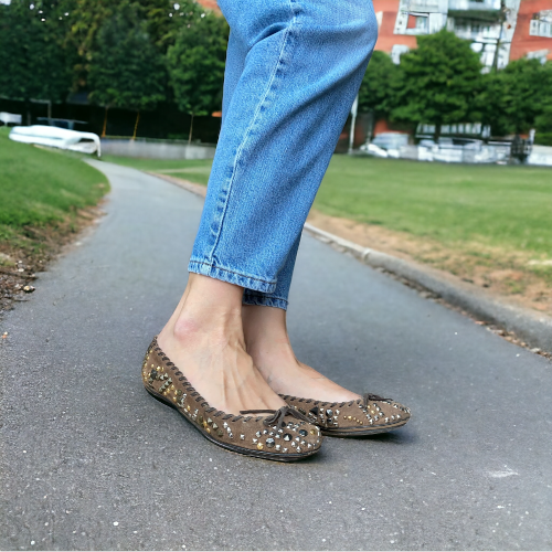 DOLCE & GABBANA Brown Nubuck Gold & Silver Studded Ballet Flats, Size 37