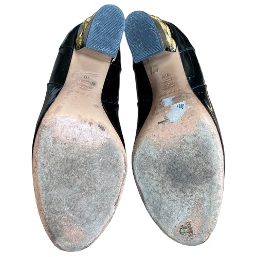 CASADEI Black Patent Leather Gold Chain Accent Block Heel Boots, Size 40