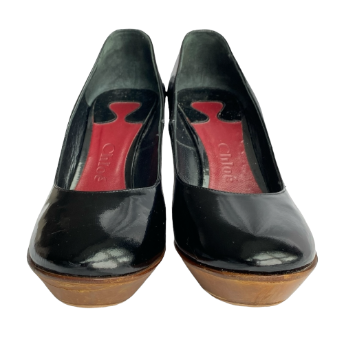 CHLOE Black Patent Leather Wooden Heel Wedge Pumps, Size 36