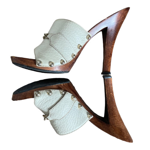 GUCCI Beige Leather Horsebit Icon Bit Wood Clogs, Size 35