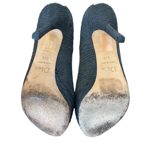 CHRISTIAN DIOR Miss Dior Black Python Leather Peep Toe Pumps, Size 37.5