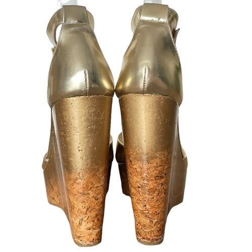 JIMMY CHOO Pela Gold Metallic Leather T Strap Cork Wedge Sandals, Size 39.5