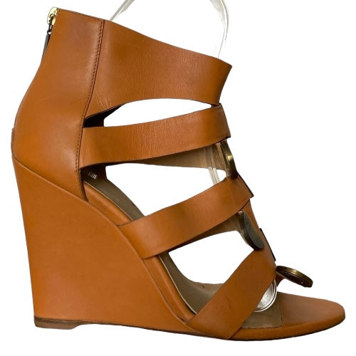 BALENCIAGA Camel Leather Strappy Gladiator Bronze Buckle Wedge Sandals, Size 40