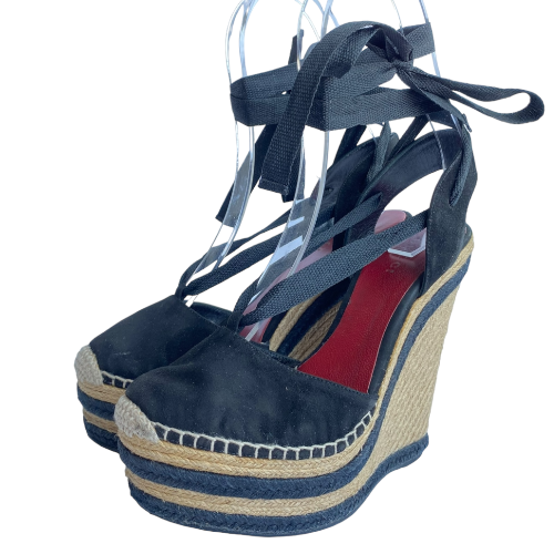 GUCCI Alexis Black Suede Ankle Wrap Platform Espadrille Wedge Sandals, Size 37
