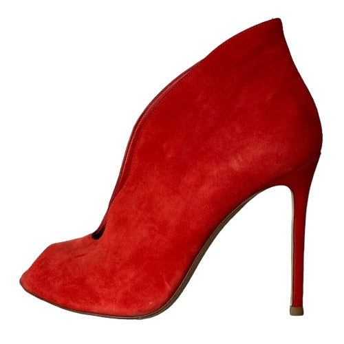 GIANVITO ROSSI Red Suede Vamp Peep Toe Booties, Size 37
