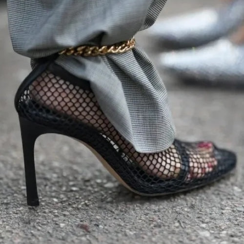 BOTTEGA VENETA Black Mesh & Leather Trims Chain Ankle Strap Cuff Pumps, Size 41