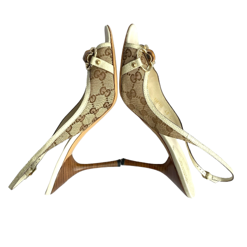 GUCCI Beige Canvas Bamboo Guccissima Horsebit Slingback Sandals, Size 40